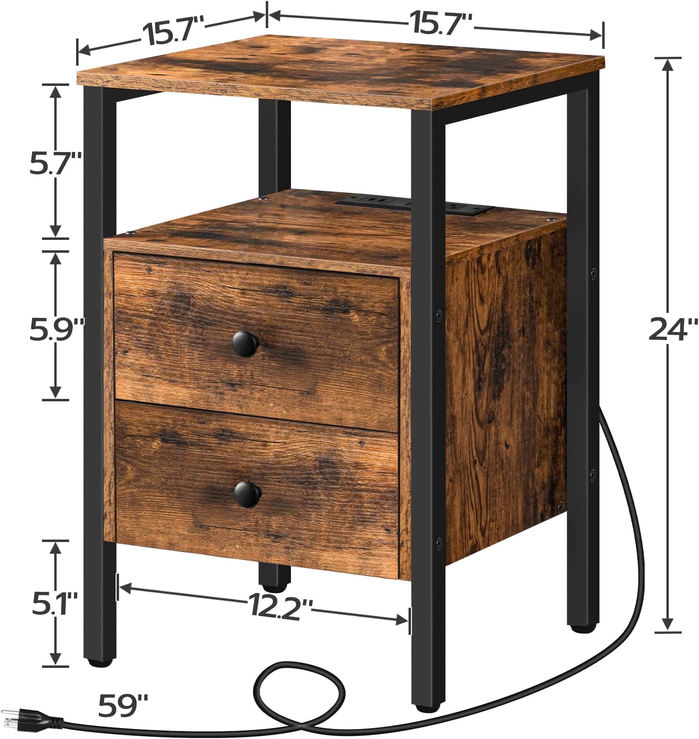 End Table with Charging Station, Side Table with 2 Drawer & USB Ports & Power Outlets, Nightstand