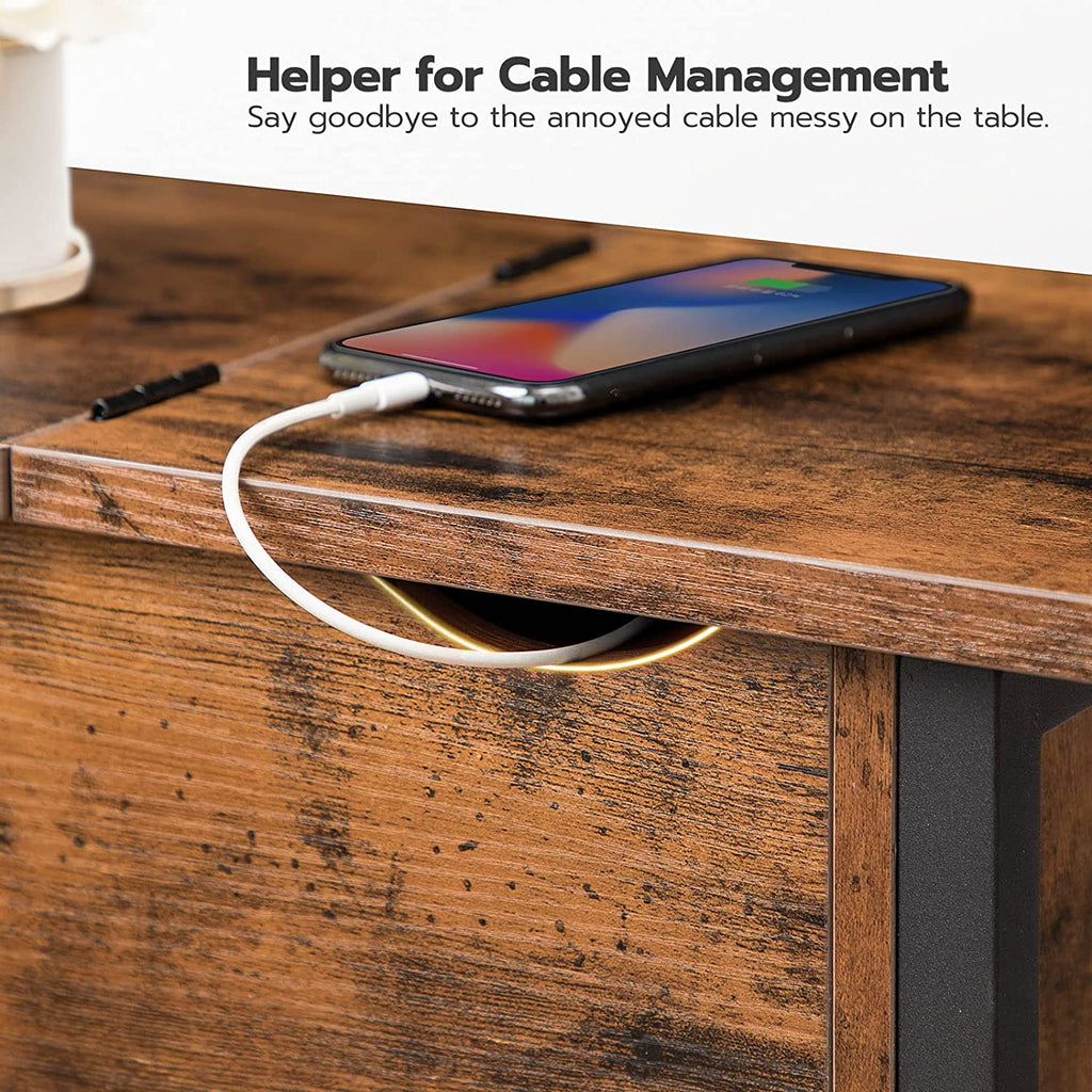 Side Table, Flip End Table with Charging Station and Shelves, USB Ports & Power Outlets, Narrow Nightstand