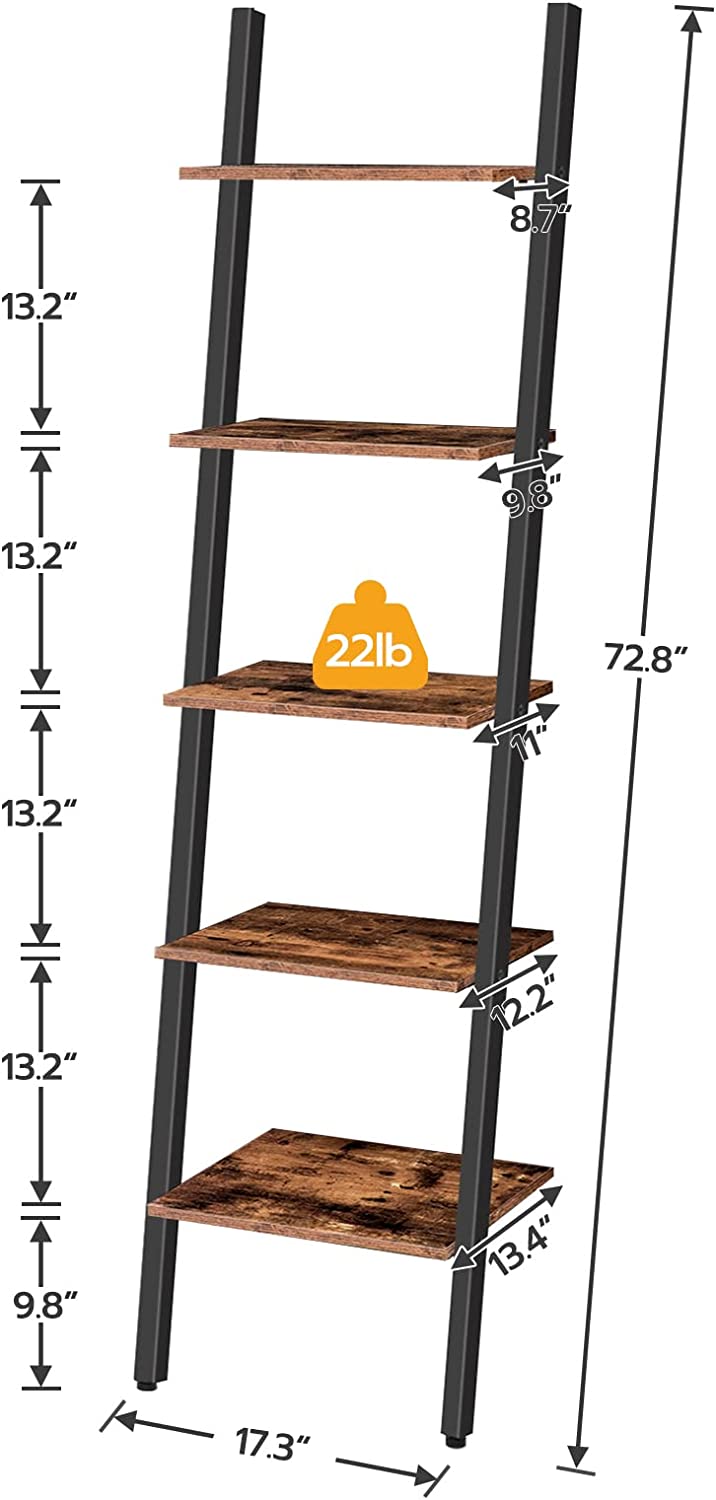 Ladder Shelf Leaning Shelf, 5-Tier Narrow Bookshelf, Leaning Bookshelf with Steel Frame