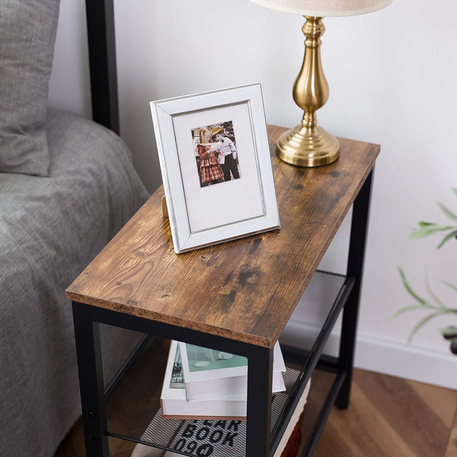 Side Table, 3-Tier Narrow End Table, Nightstand with 2 Flat or Slant Adjustable Shelves