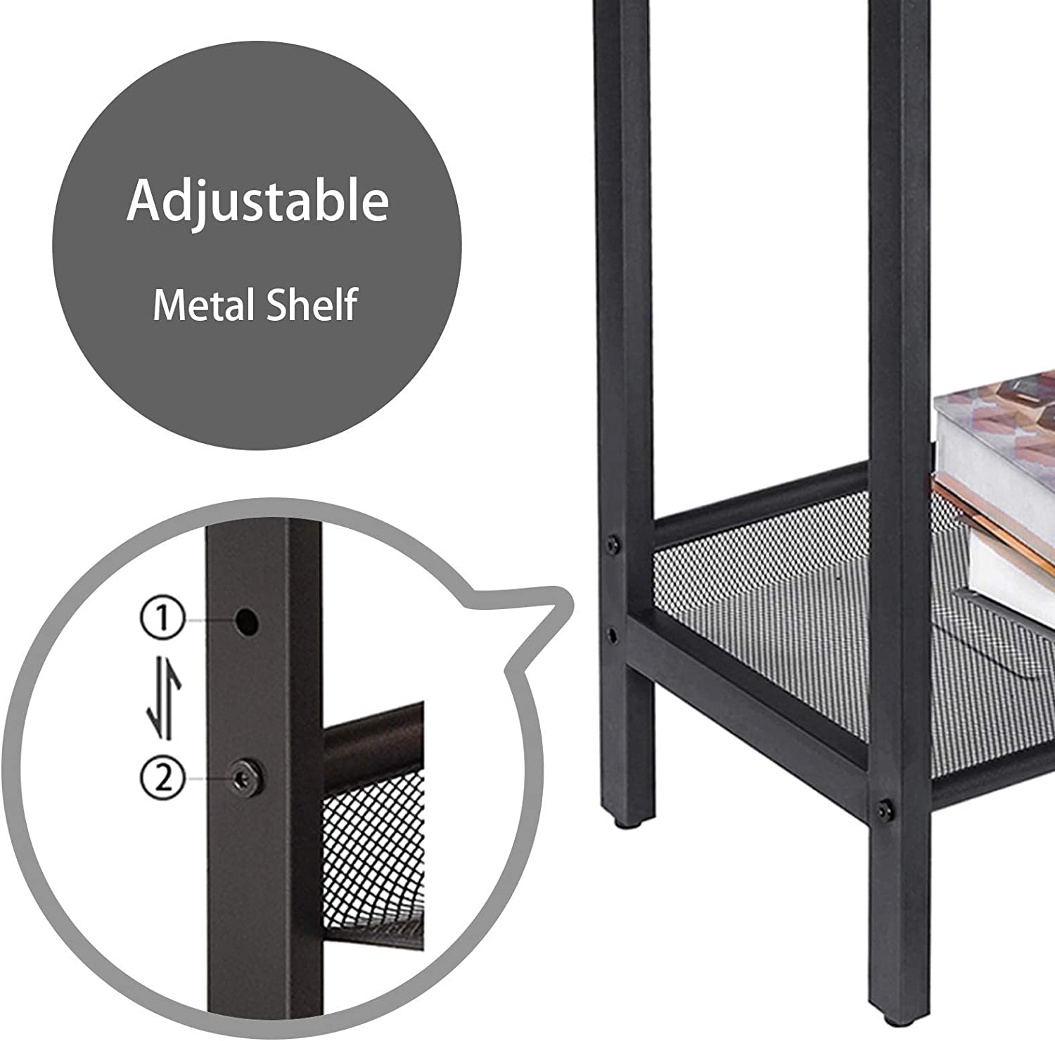 Side Table, Set of 2 Narrow Nightstands, Industrial End Table with Adjustable Mesh Shelf