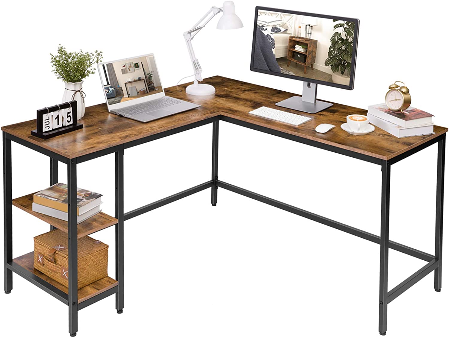 L-Shaped Computer Desk, Industrial Corner Writing Desk with Adjustable Shelves, Study Workstation
