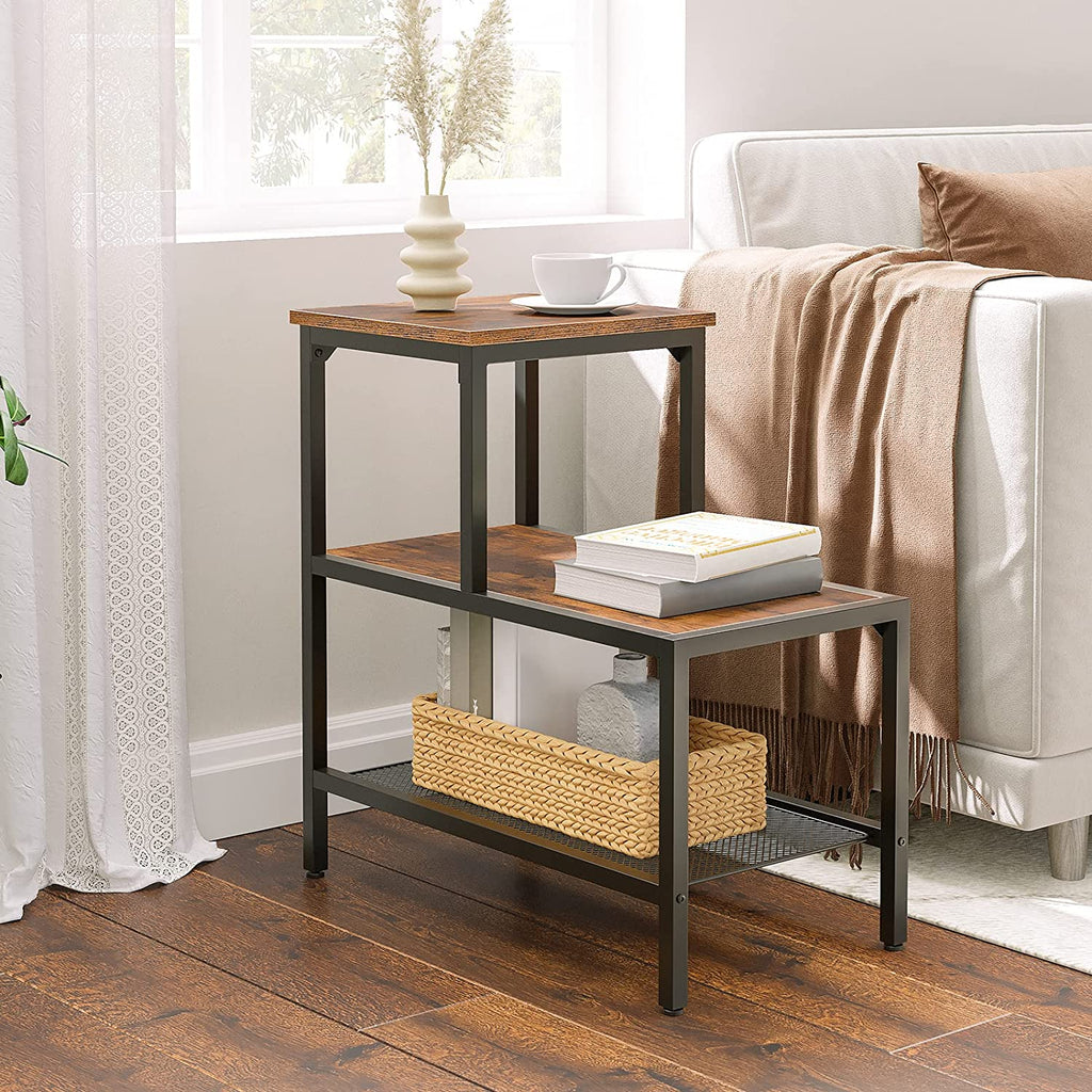 Side Table, 3-Tier Narrow Nightstand with Accent Decorative Ladder Shelf, Industrial Sofa End Table