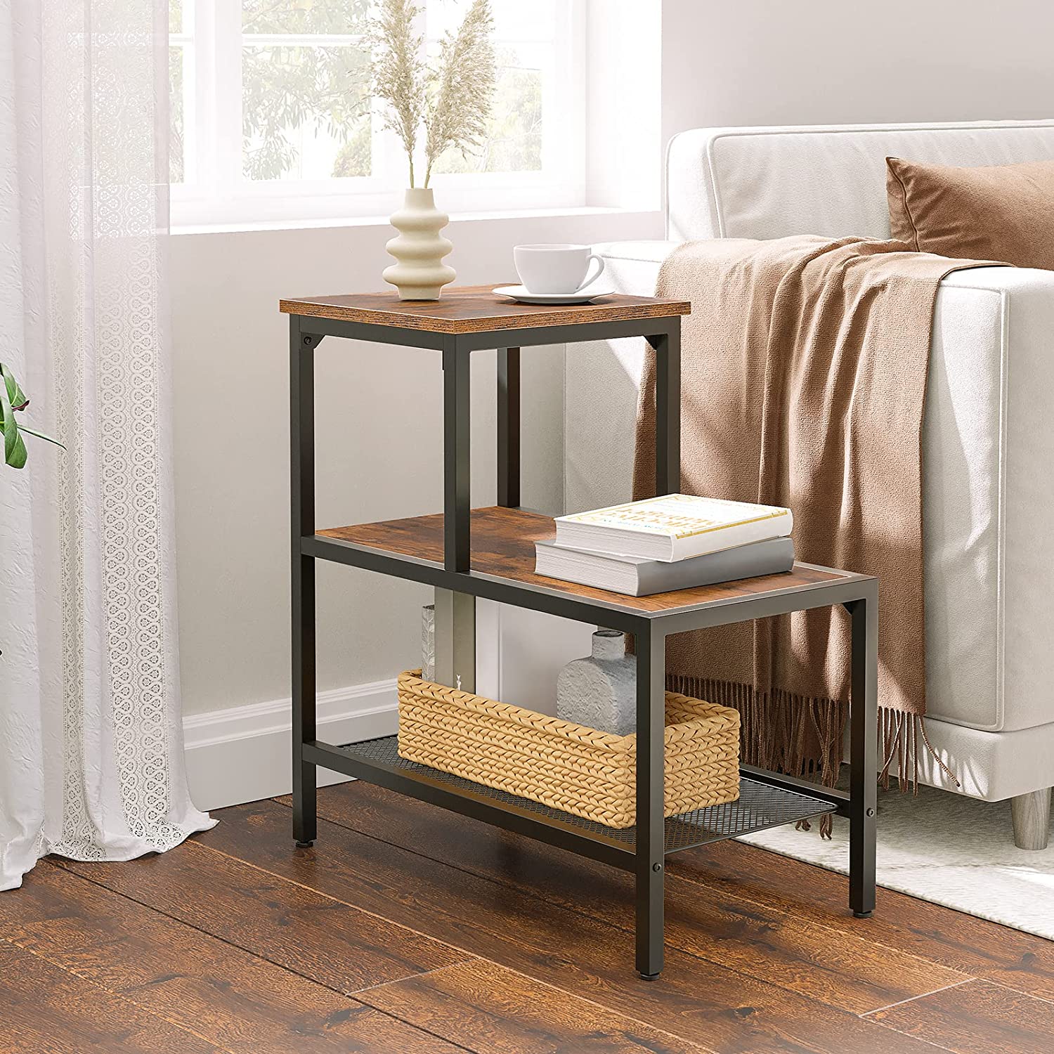 Side Table, 3-Tier Narrow Nightstand with Accent Decorative Ladder Shelf, Industrial Sofa End Table