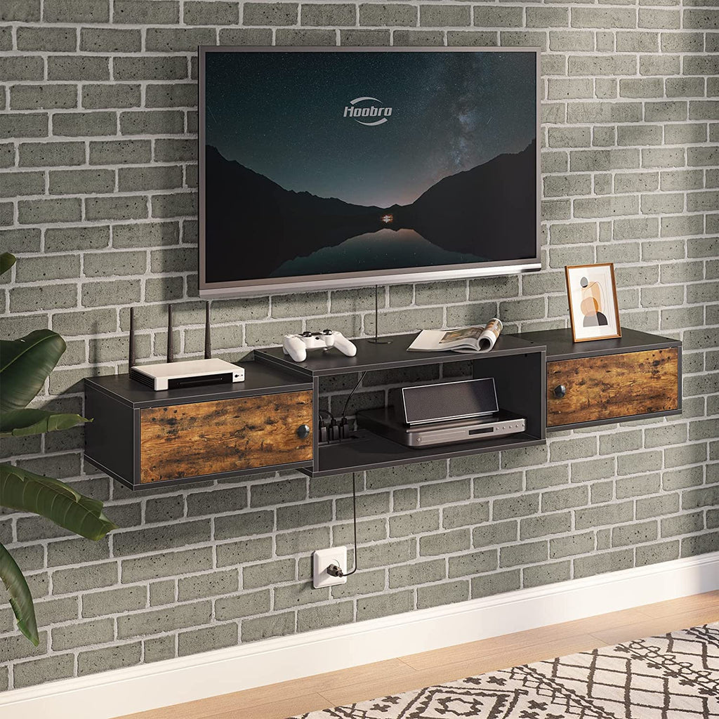 Floating TV Stand, TV Shelf with Power Outlet, Wall Mounted Media Console with Doors