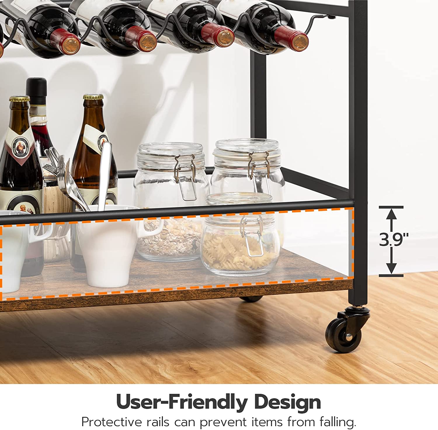 Bar Cart, 3-Tier Rolling Serving Cart on Wheels, Storage Cart with 2-Tier Glass Holder and Wine Bottle Racks