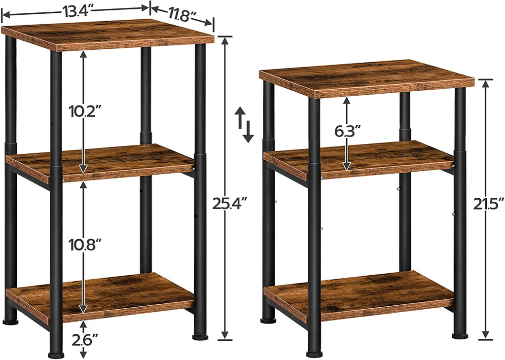 Side Table, Height-Adjustable Nightstand with Storage Shelves, 3-Tier Tall Industrial End Table, Coffee Table