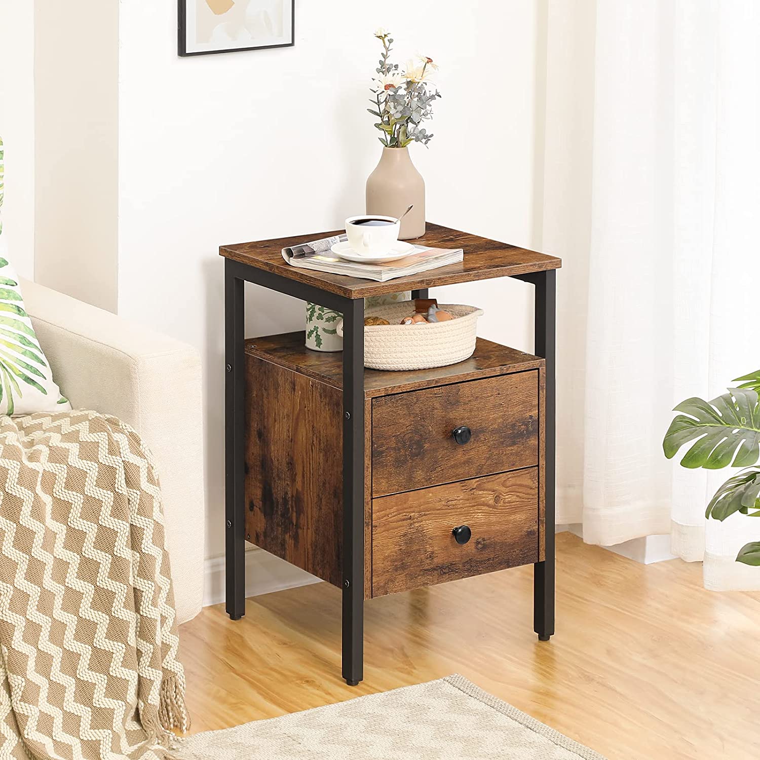 Nightstand, Bedside Table with 2 Drawers and Storage Shelves, Side End Table, Sofa Table