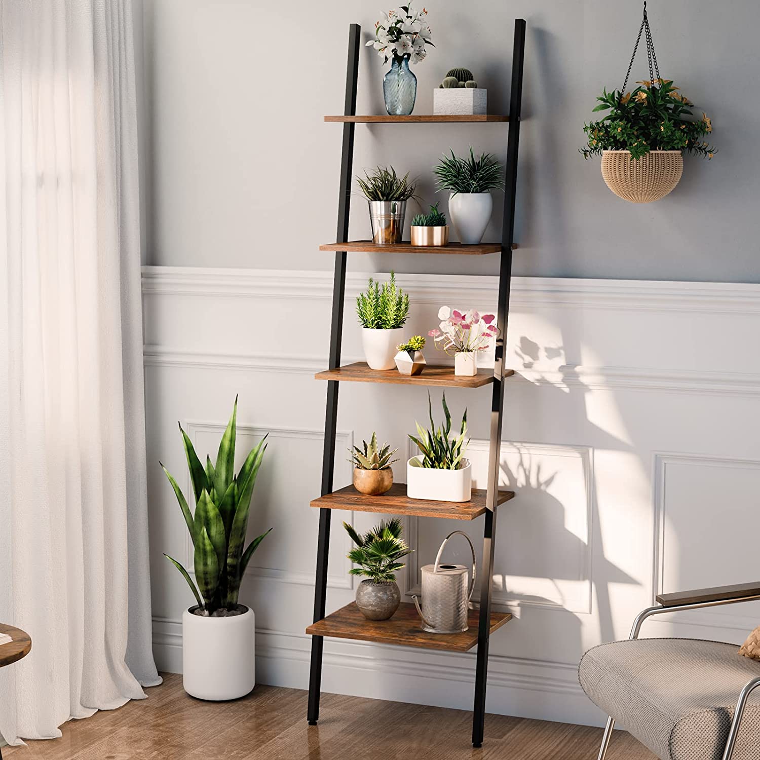 Ladder Shelf Leaning Shelf, 5-Tier Narrow Bookshelf, Leaning Bookshelf with Steel Frame
