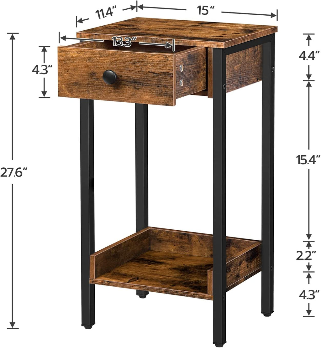 Nightstand, End Table, Tall Nightstand with Drawer and Storage Shelf, Industrial End Telephone Table
