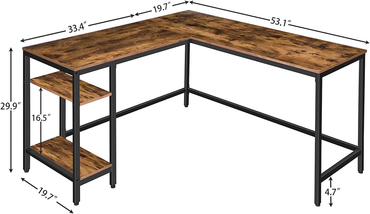 L-Shaped Computer Desk, Industrial Corner Writing Desk with Adjustable Shelves, Study Workstation