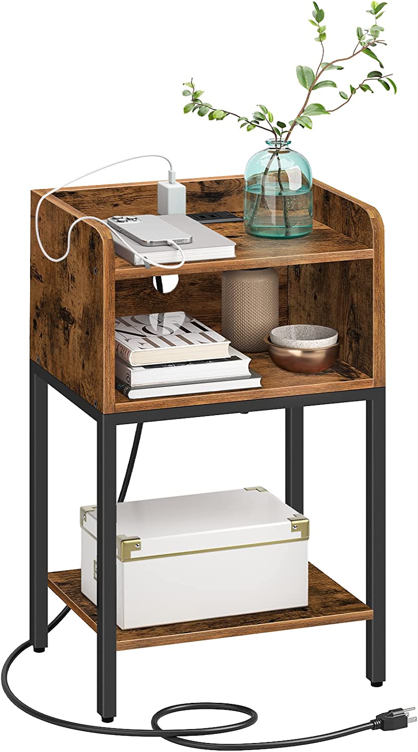 End Table with Charging Station, Nightstand with Open Drawer, Side Table with USB Ports and Outlets