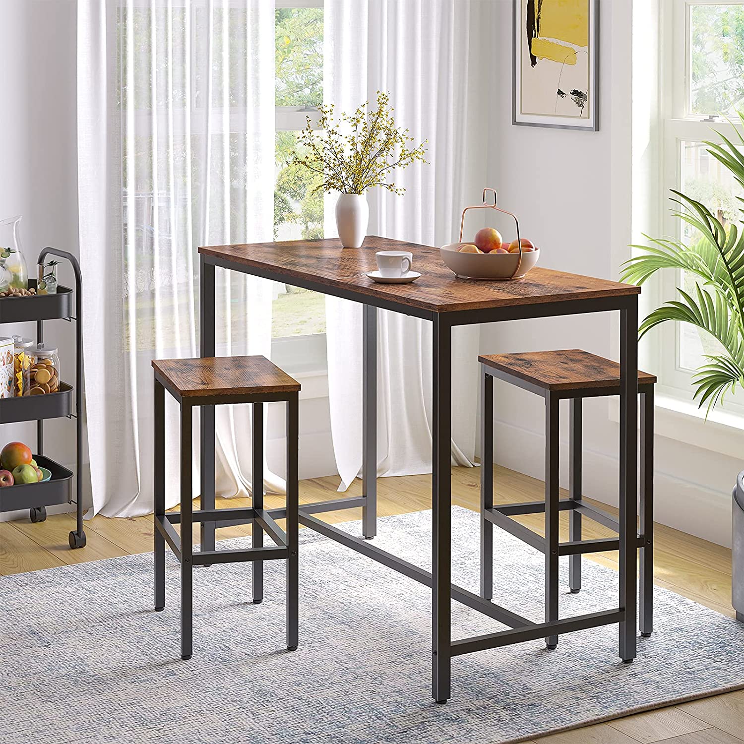 Bar Table and Chairs Set, Rectangular Pub Bar Table and 2 Bar Stools