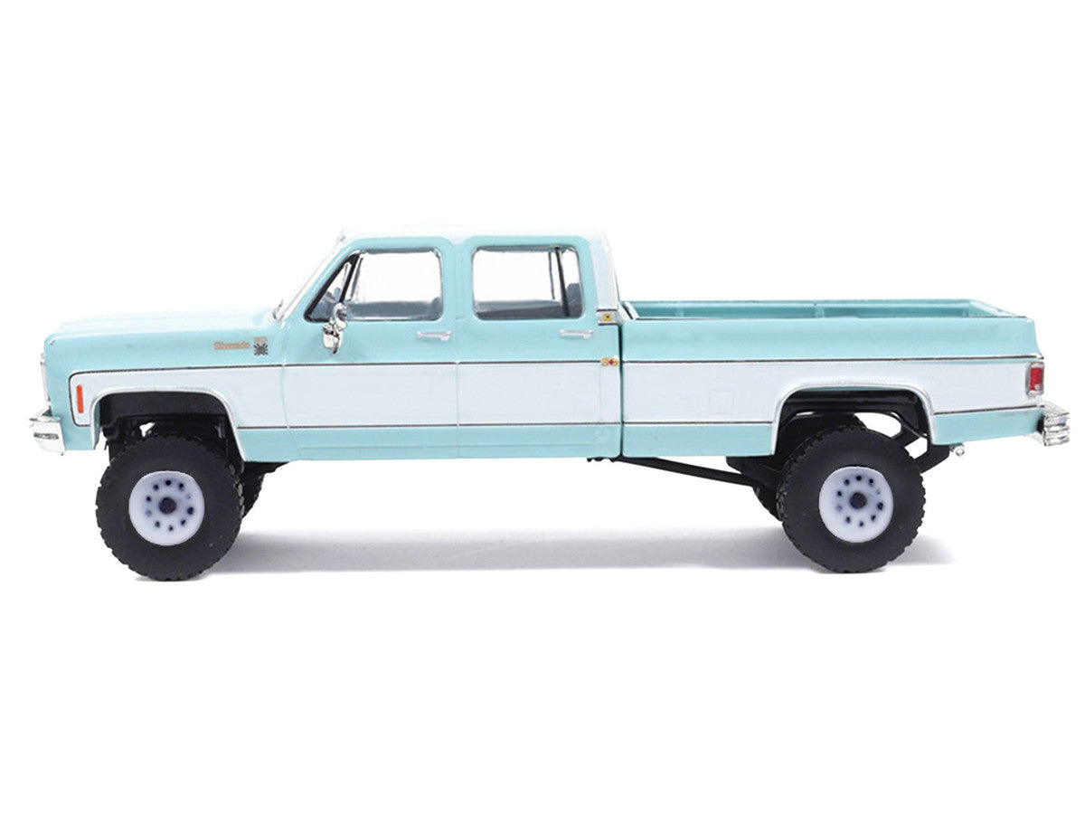 1978 Chevrolet Silverado K30 Crew Cab Pickup Truck Light Blue and White with Blue Interior 1/64 Diecast Model by IXO Models