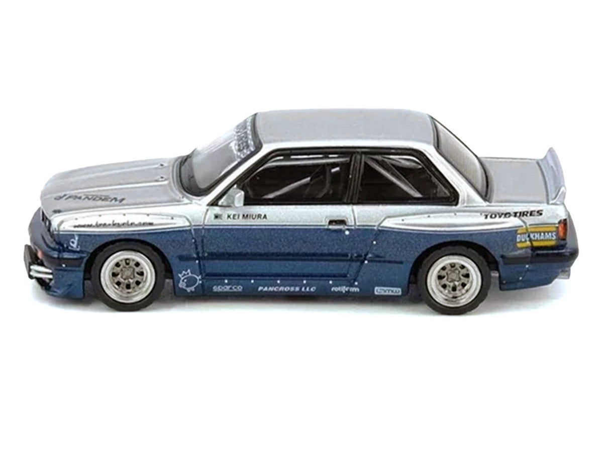 Pandem E30 M3 Silver Metallic and Dark Blue 1/64 Diecast Model Car by Inno Models