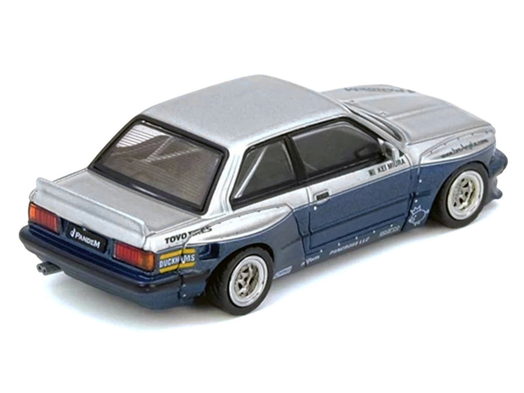Pandem E30 M3 Silver Metallic and Dark Blue 1/64 Diecast Model Car by Inno Models