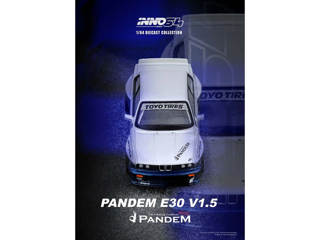 Pandem E30 M3 Silver Metallic and Dark Blue 1/64 Diecast Model Car by Inno Models