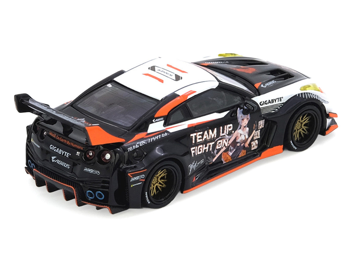 Nissan GT-R (R35) Widebody RHD (Right Hand Drive) Black and White with Graphics "AORUS X INNO64 Limited Edition" 1/64 Diecast Model Car by Inno Models