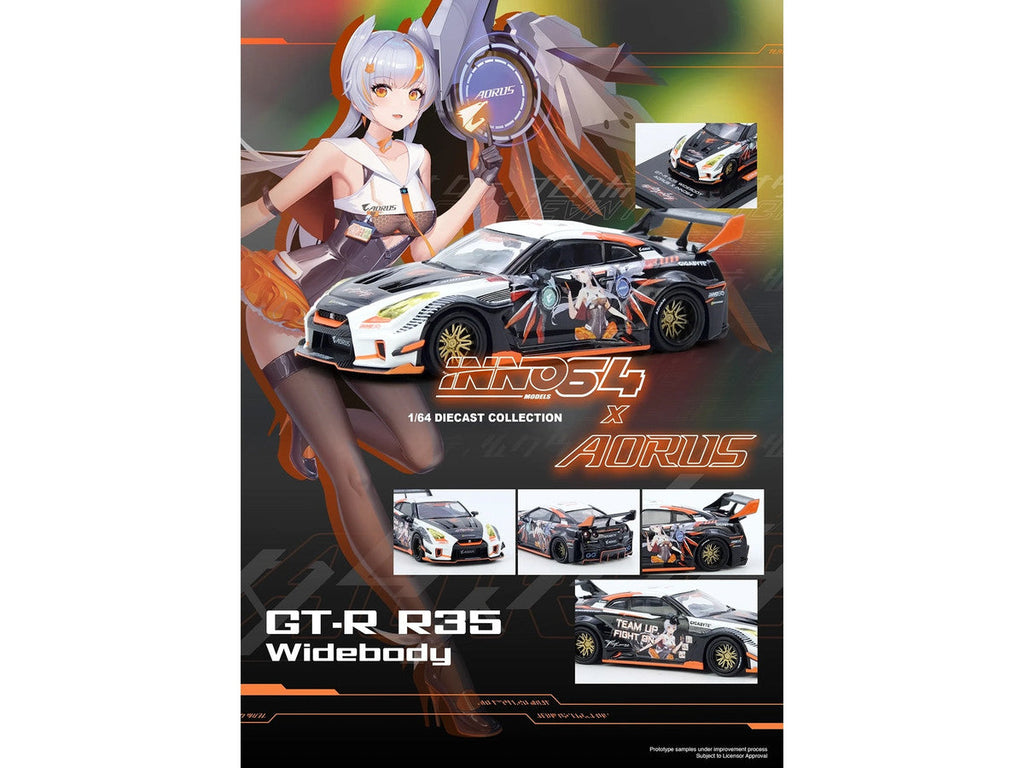Nissan GT-R (R35) Widebody RHD (Right Hand Drive) Black and White with Graphics "AORUS X INNO64 Limited Edition" 1/64 Diecast Model Car by Inno Models