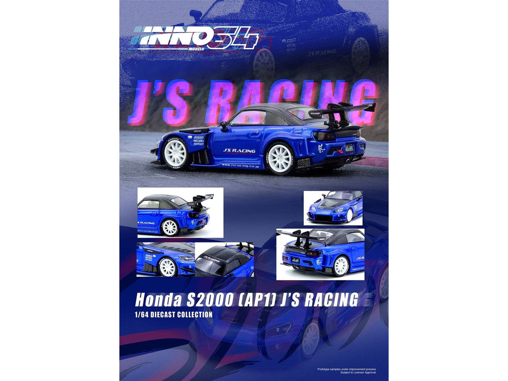 Honda S2000 RHD (Right Hand Drive) "J's Racing" Blue Metallic with Carbon Hood and Top 1/64 Diecast Model Car by Inno Models