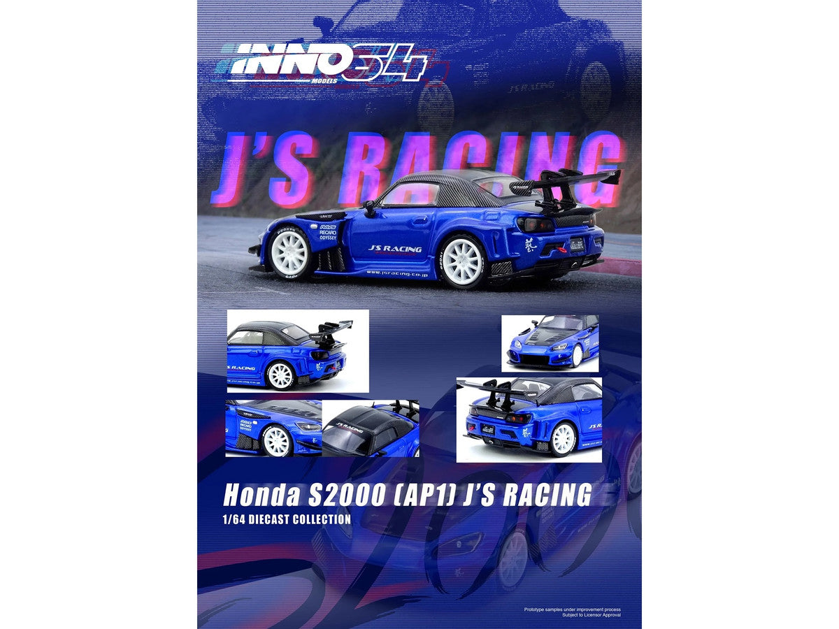 Honda S2000 RHD (Right Hand Drive) "J's Racing" Blue Metallic with Carbon Hood and Top 1/64 Diecast Model Car by Inno Models