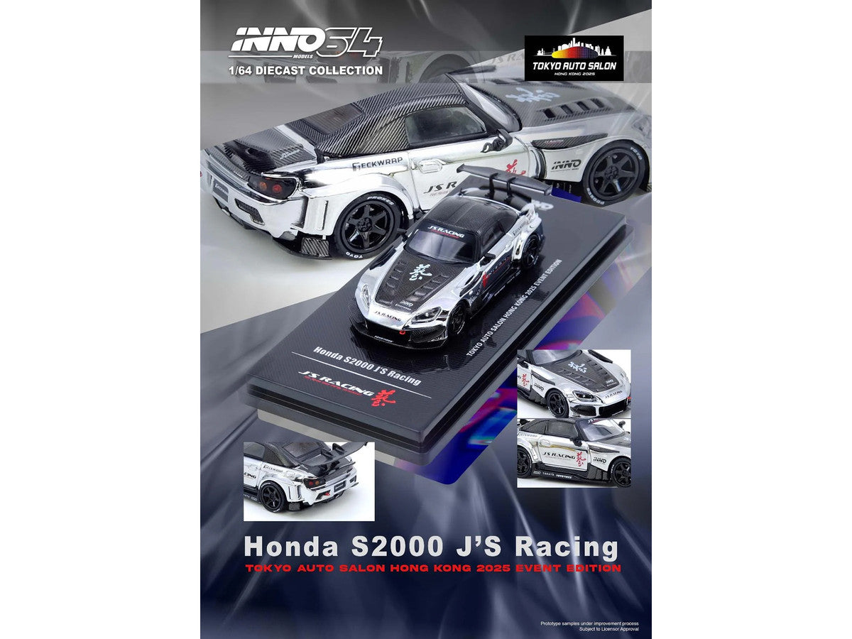 Honda S2000 RHD (Right Hand Drive) "J's Racing" Chrome Silver with Carbon Hood and Top with Graphics "Tokyo Auto Salon Hong Kong 2025 Event Edition" 1/64 Diecast Model Car by Inno Models