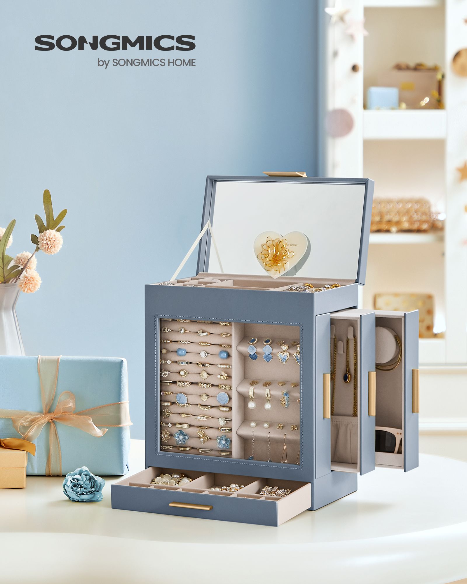 5-Layer Jewelry Organizer with 3 Side Drawers