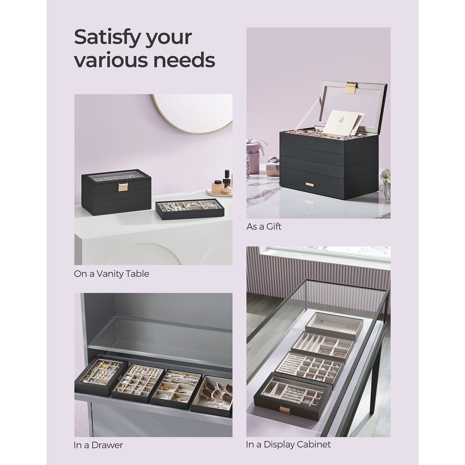 4-Tier Stackable Jewelry Trays with Glass Lid