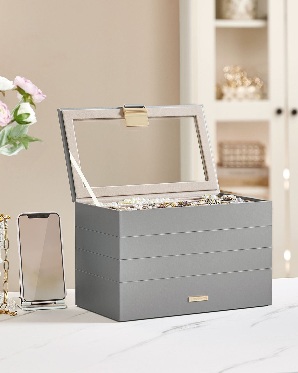 4-Tier Stackable Jewelry Trays with Glass Lid