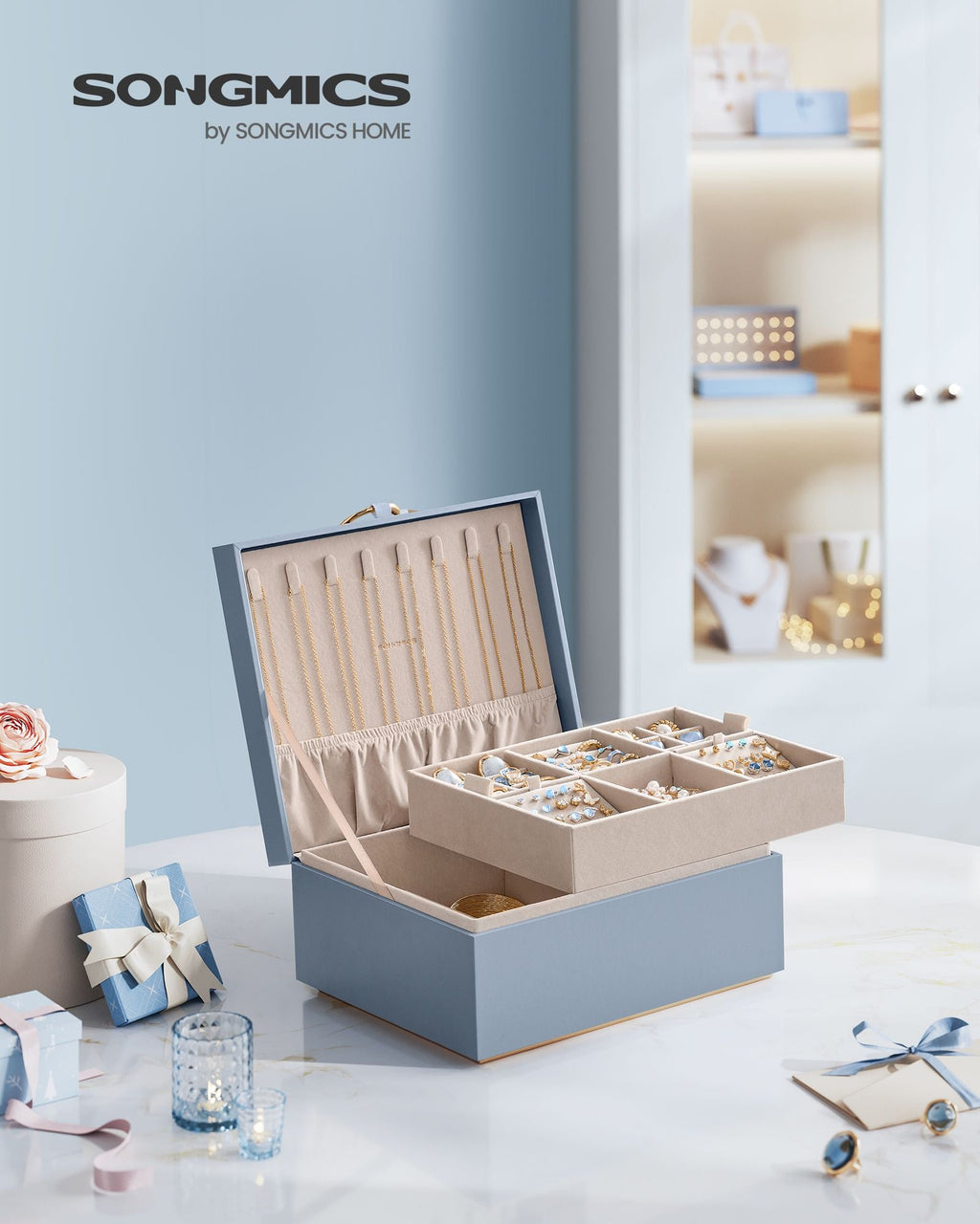 2-Layer Jewelry Box with Handle and Removable Jewelry Tray