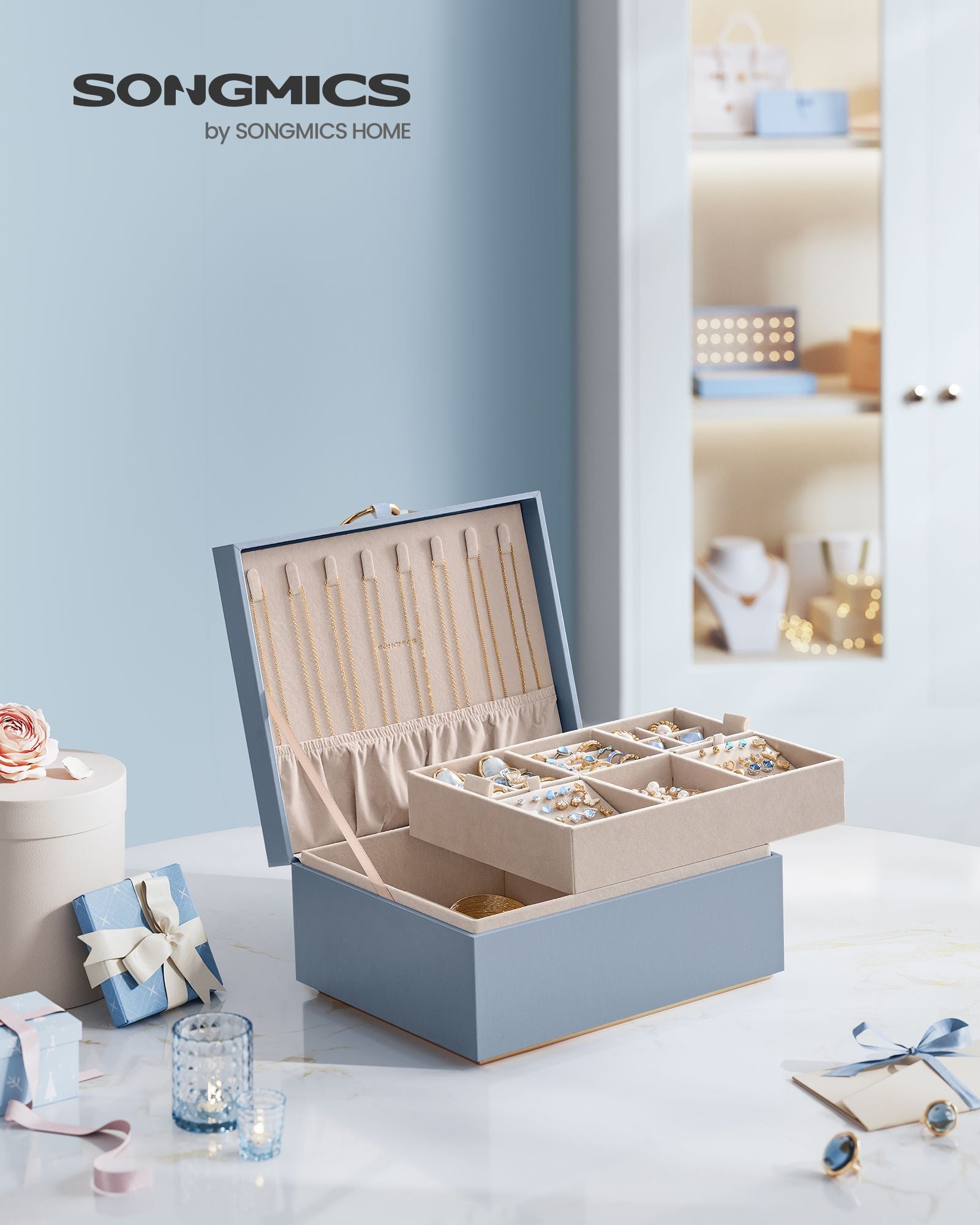 2-Layer Jewelry Box with Handle and Removable Jewelry Tray