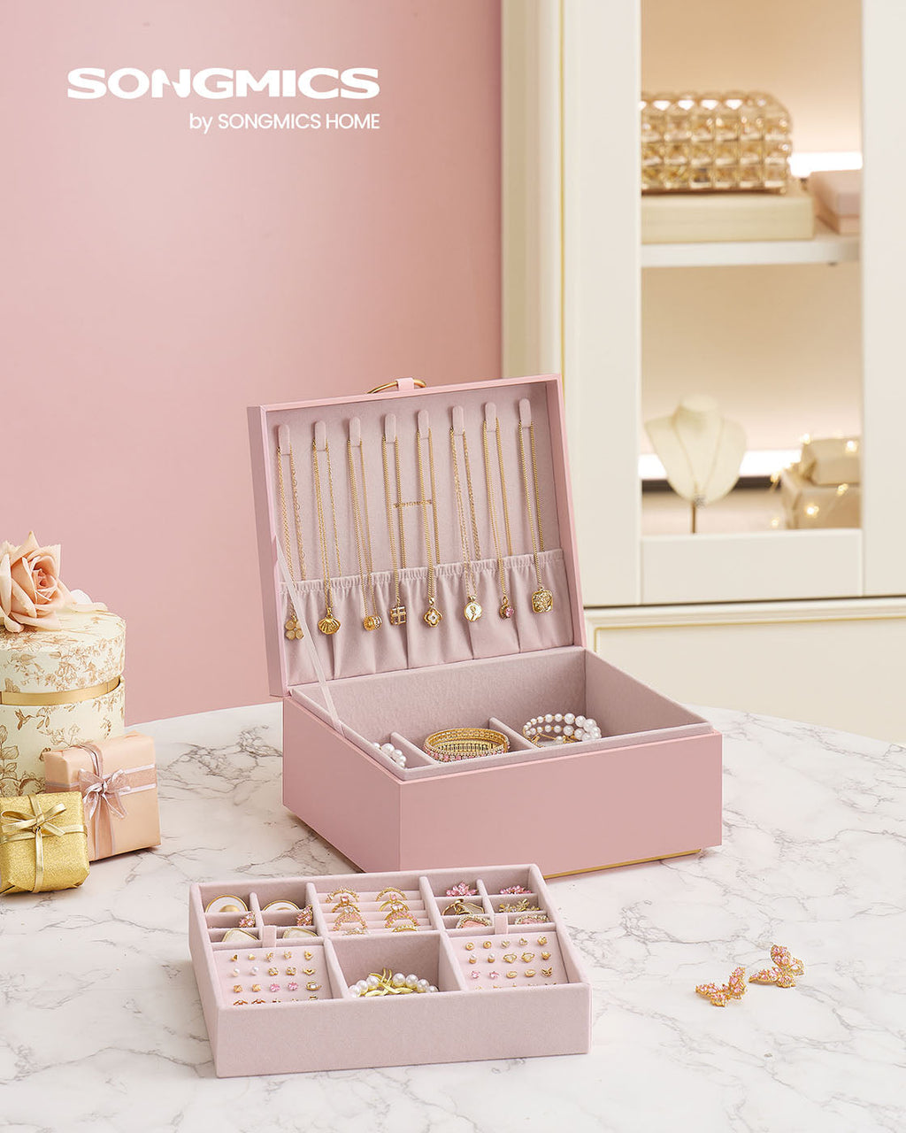 2-Layer Jewelry Box with Handle and Removable Jewelry Tray