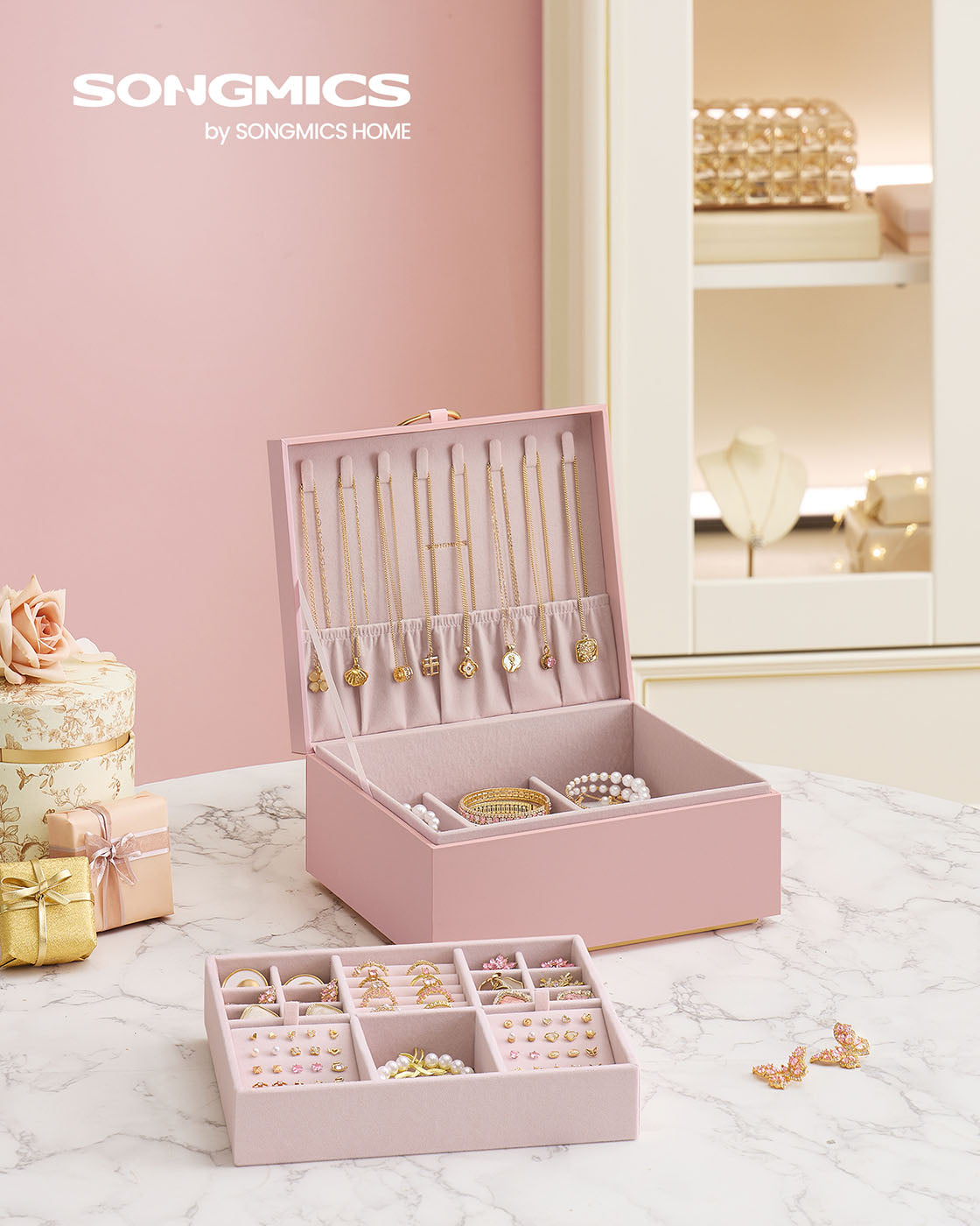 2-Layer Jewelry Box with Handle and Removable Jewelry Tray