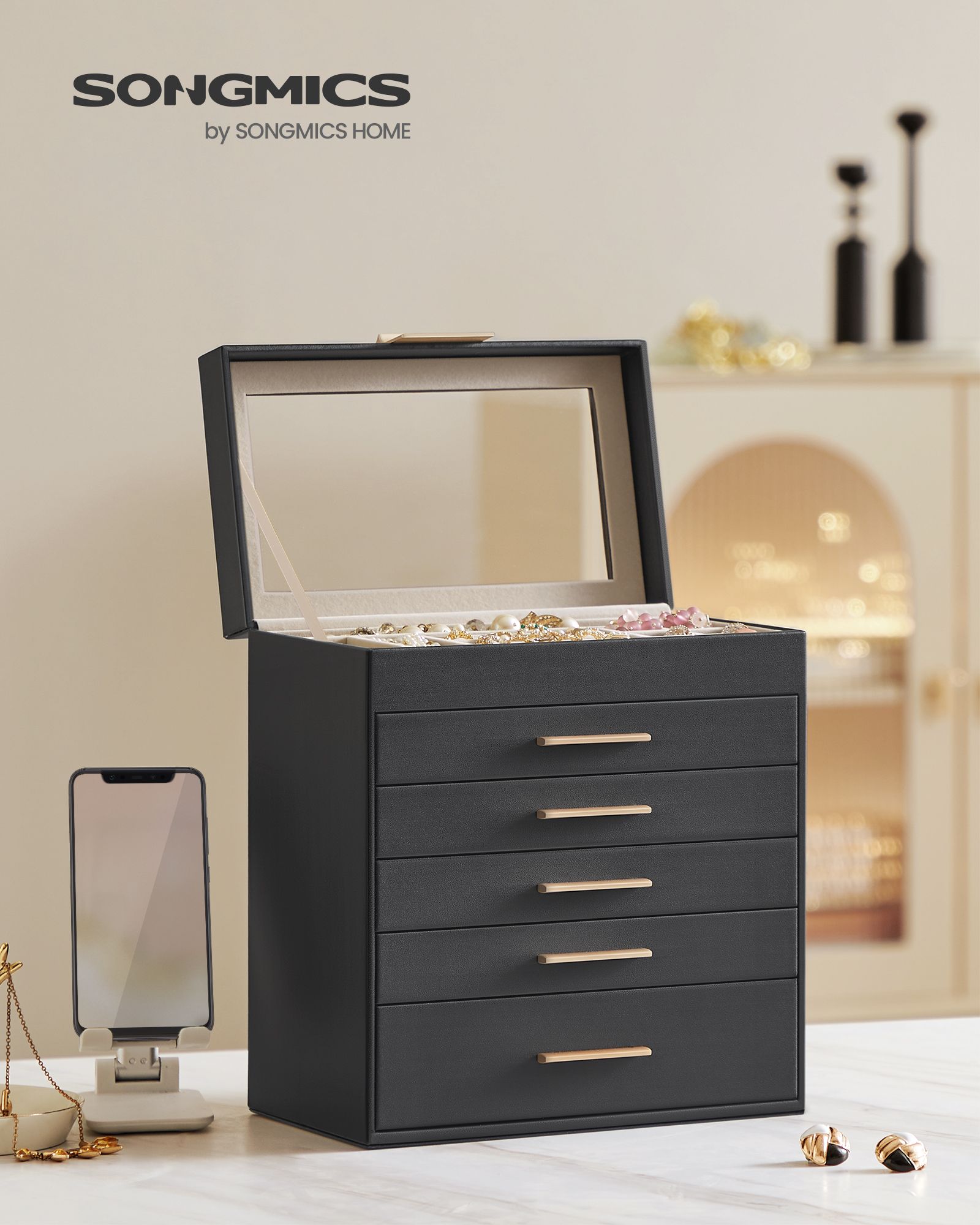 6-Layer Jewelry Box with Glass Lid for Big Jewelry