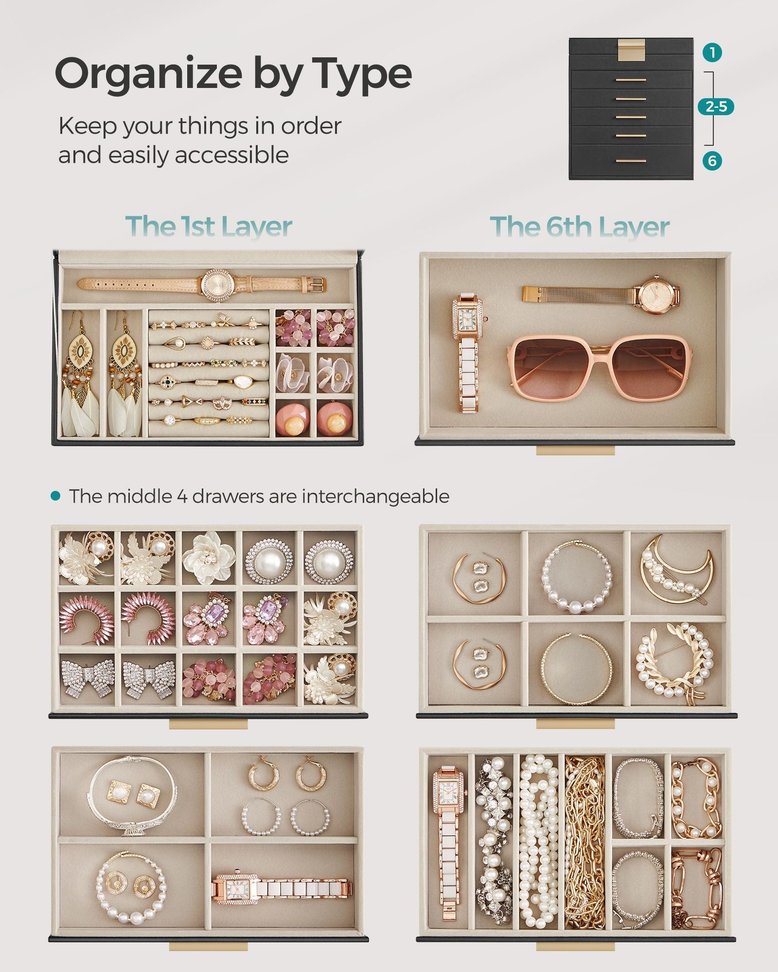 6-Layer Jewelry Box with Glass Lid for Big Jewelry