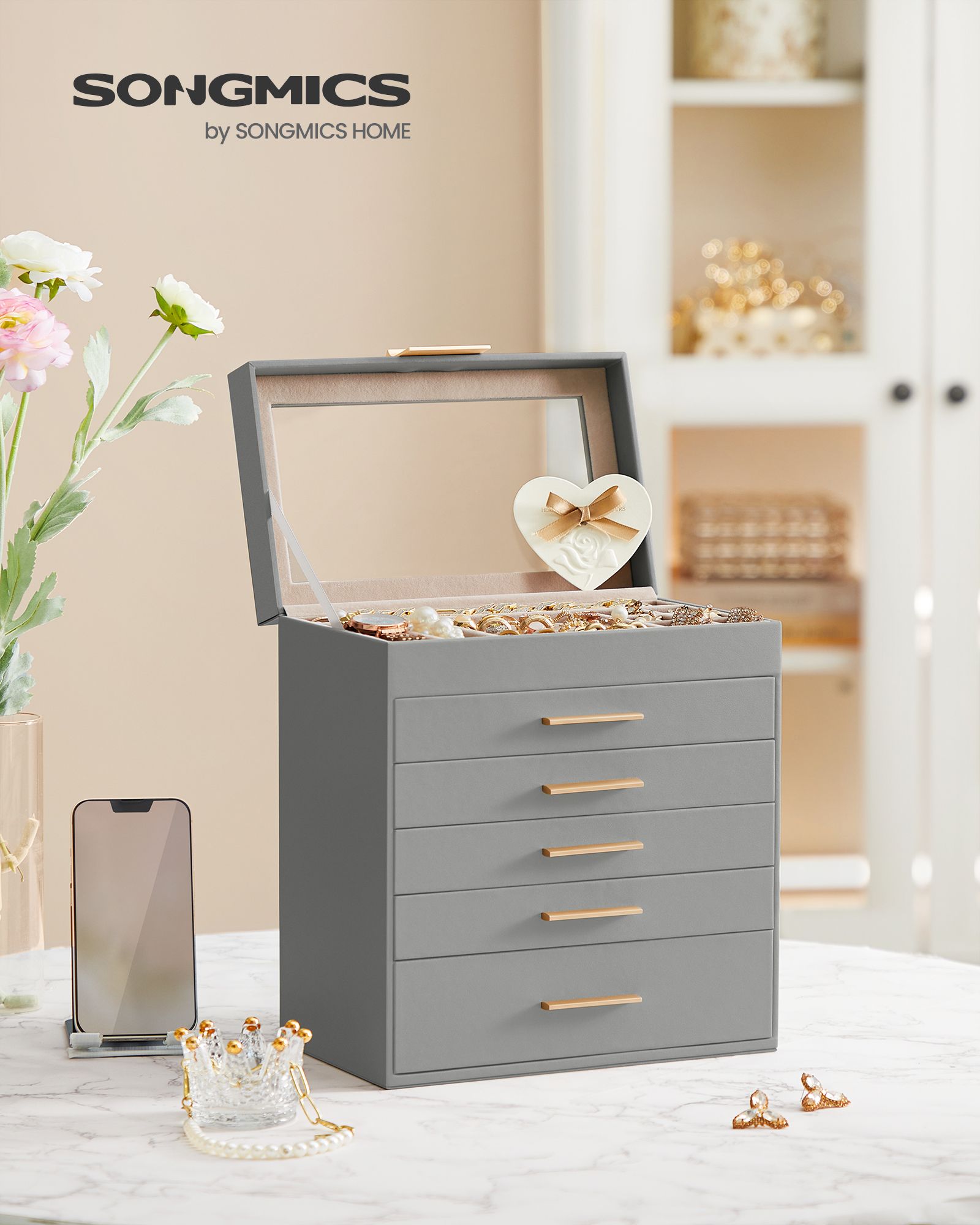 6-Layer Jewelry Box with Glass Lid for Big Jewelry