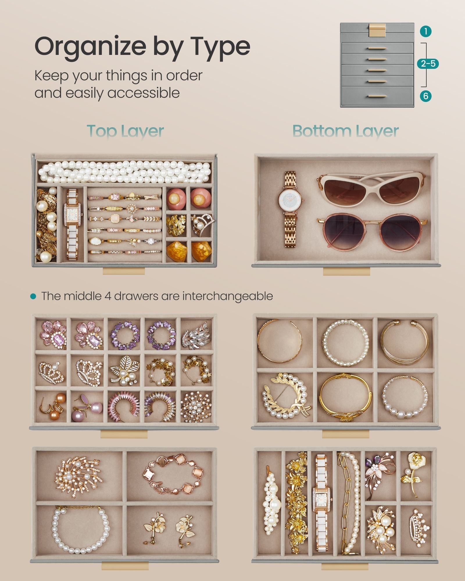 6-Layer Jewelry Box with Glass Lid for Big Jewelry
