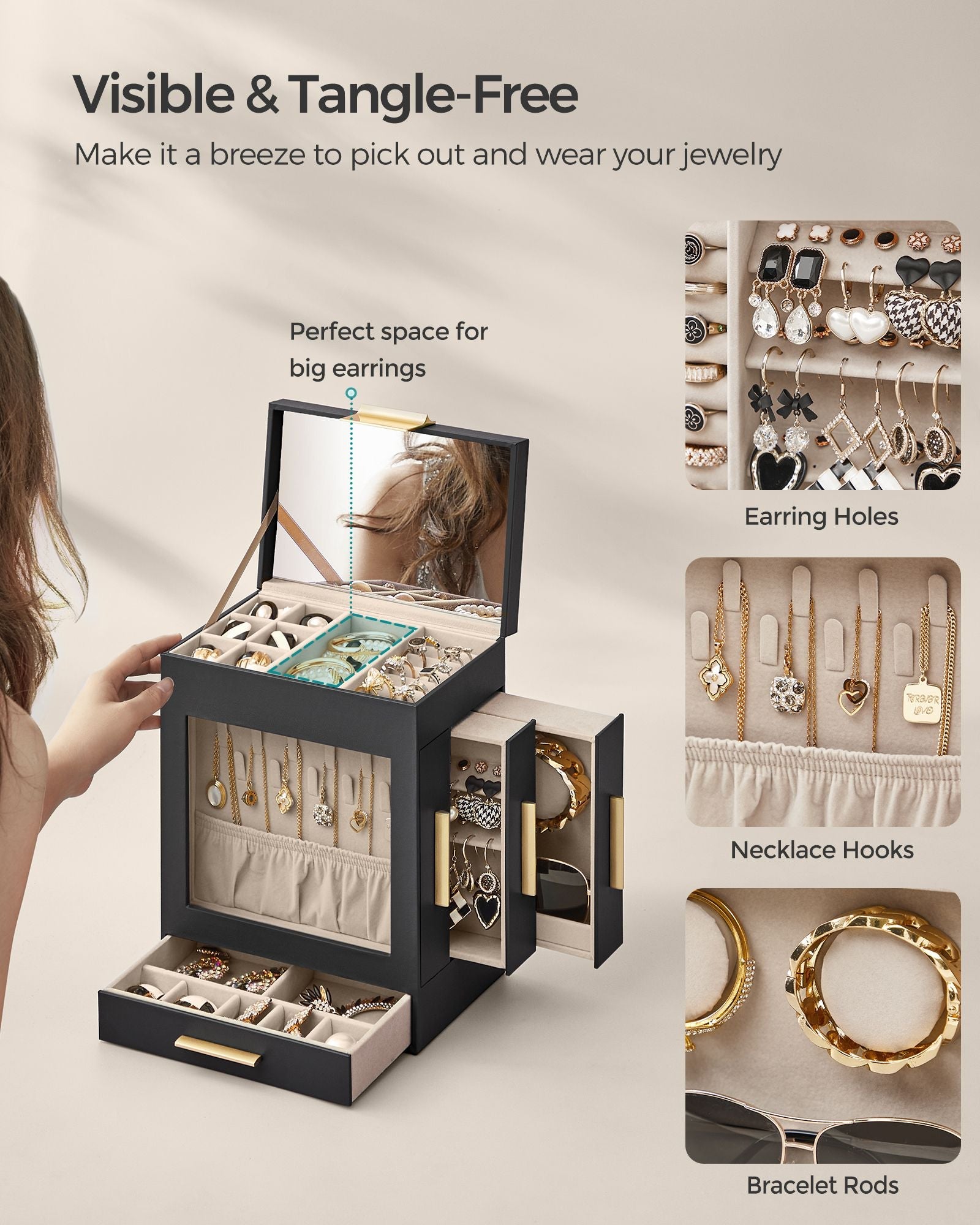 5-Layer Jewelry Organizer with 3 Side Drawers