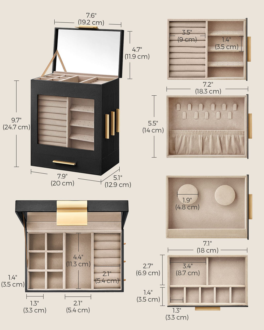 5-Layer Jewelry Organizer with 3 Side Drawers