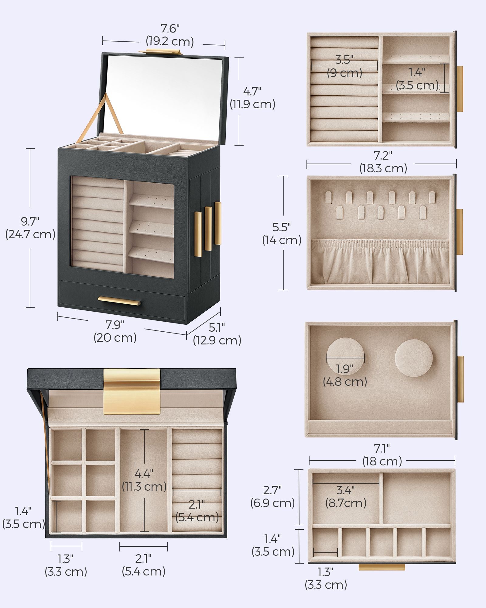 5-Layer Jewelry Organizer with 3 Side Drawers