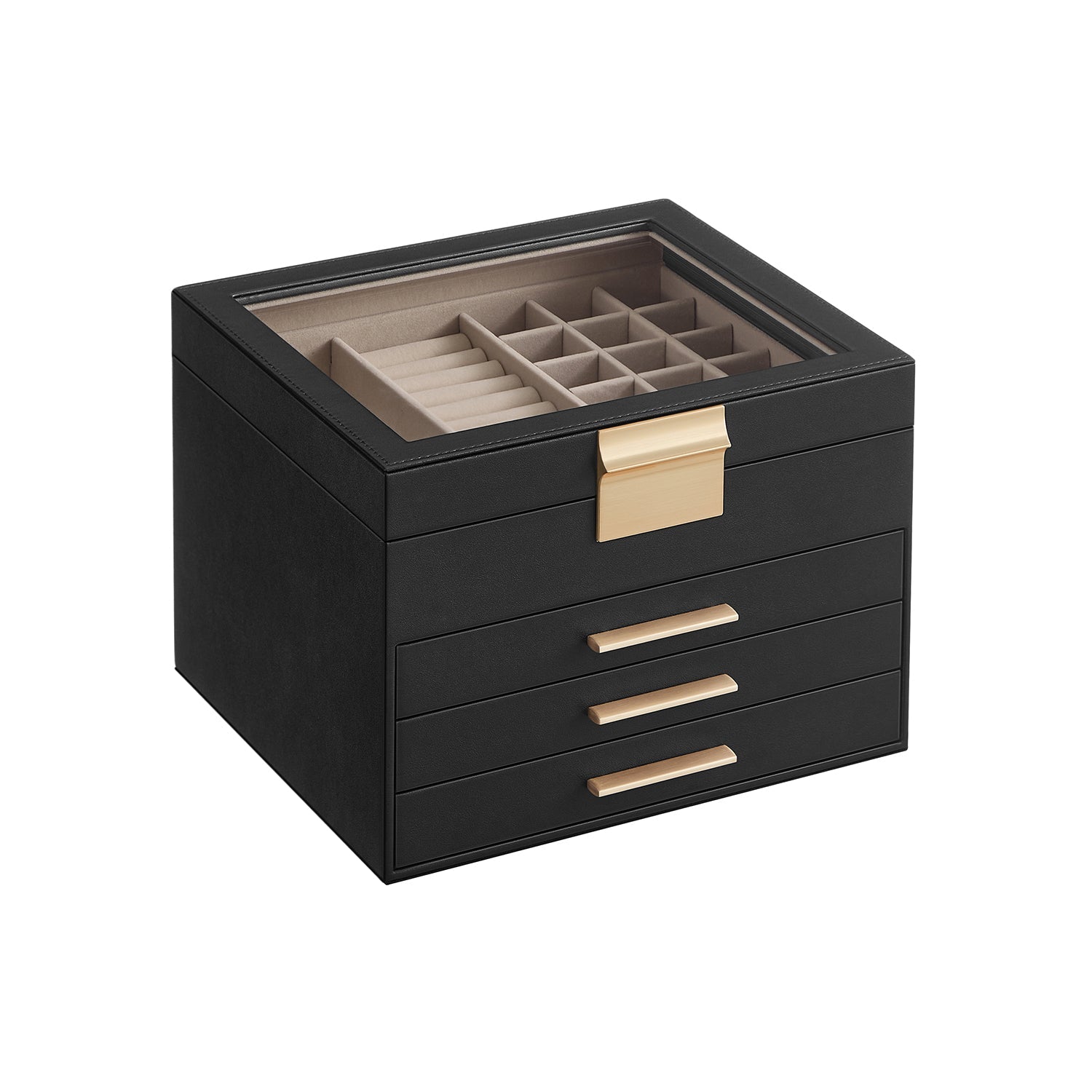 4-Layer Jewelry Box with Glass Lid, 3 Drawers