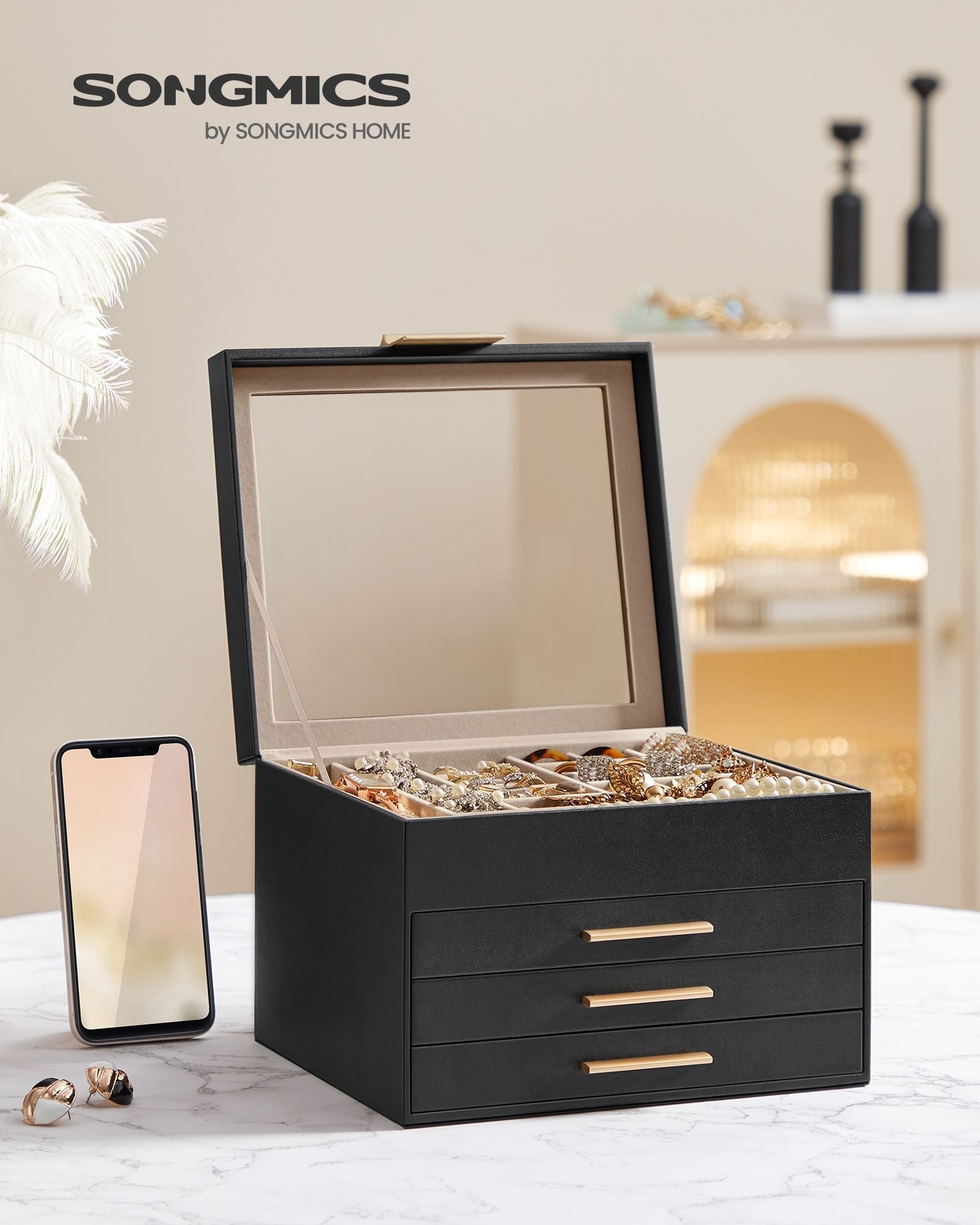 4-Layer Jewelry Box with Glass Lid, 3 Drawers