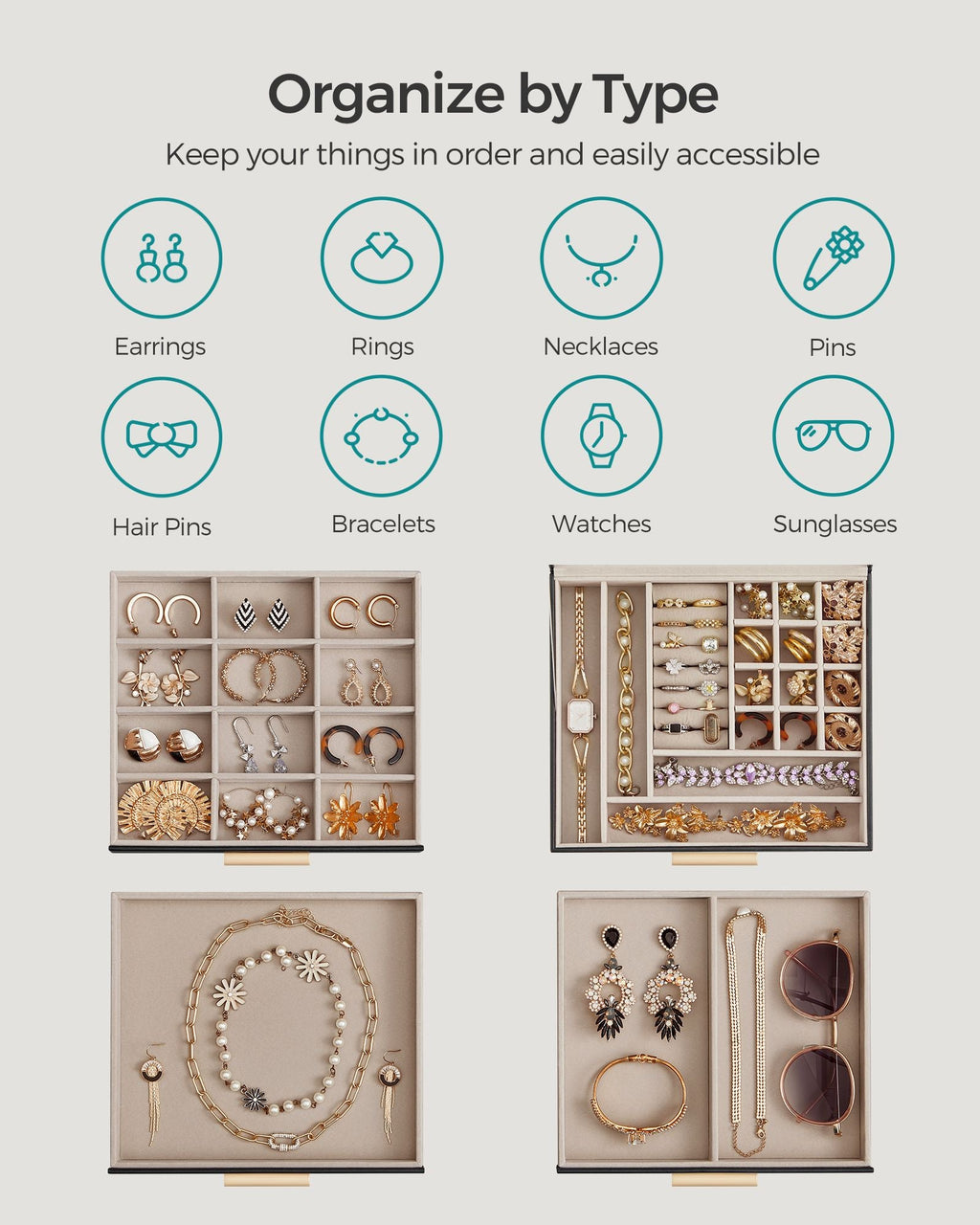4-Layer Jewelry Box with Glass Lid, 3 Drawers