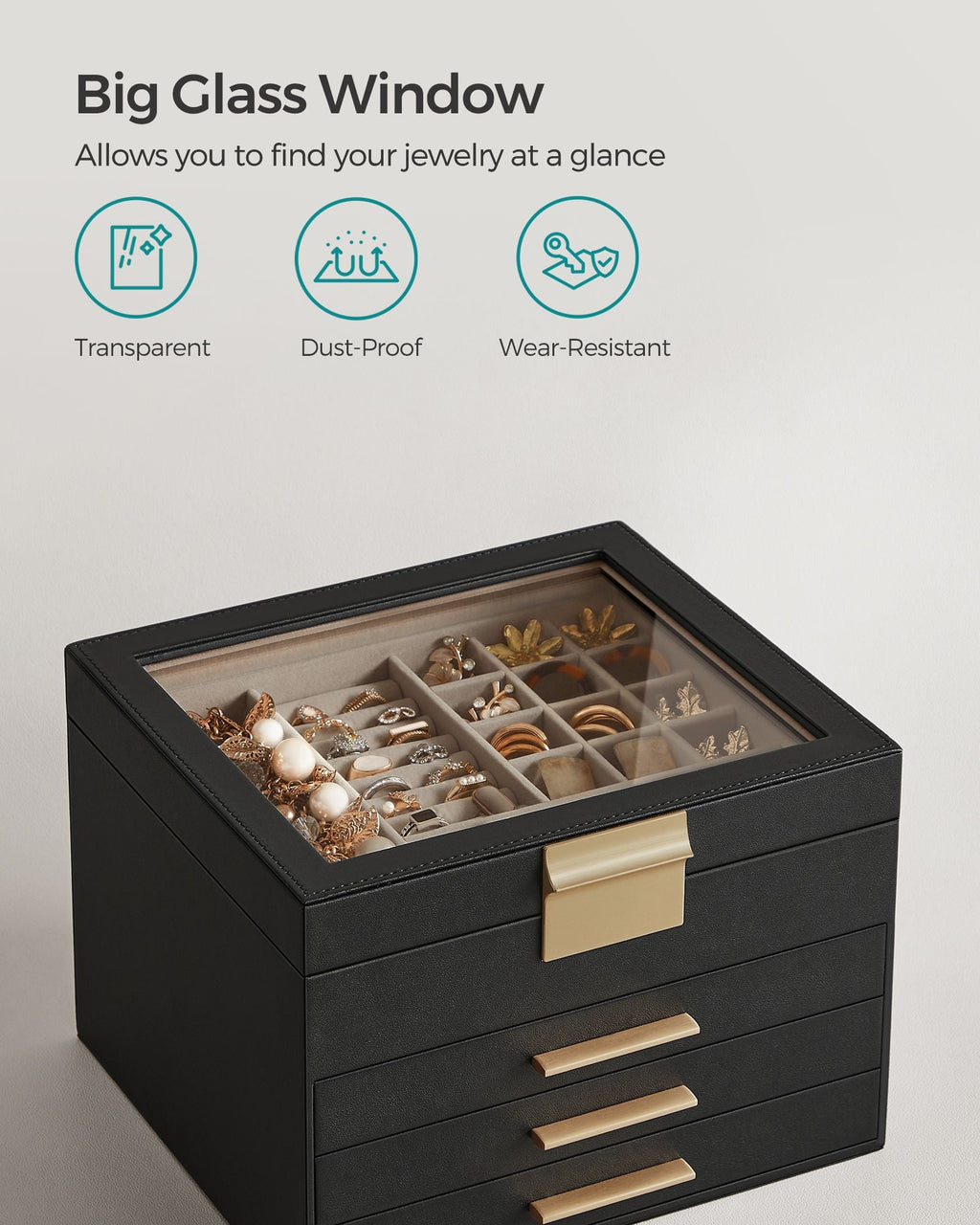 4-Layer Jewelry Box with Glass Lid, 3 Drawers
