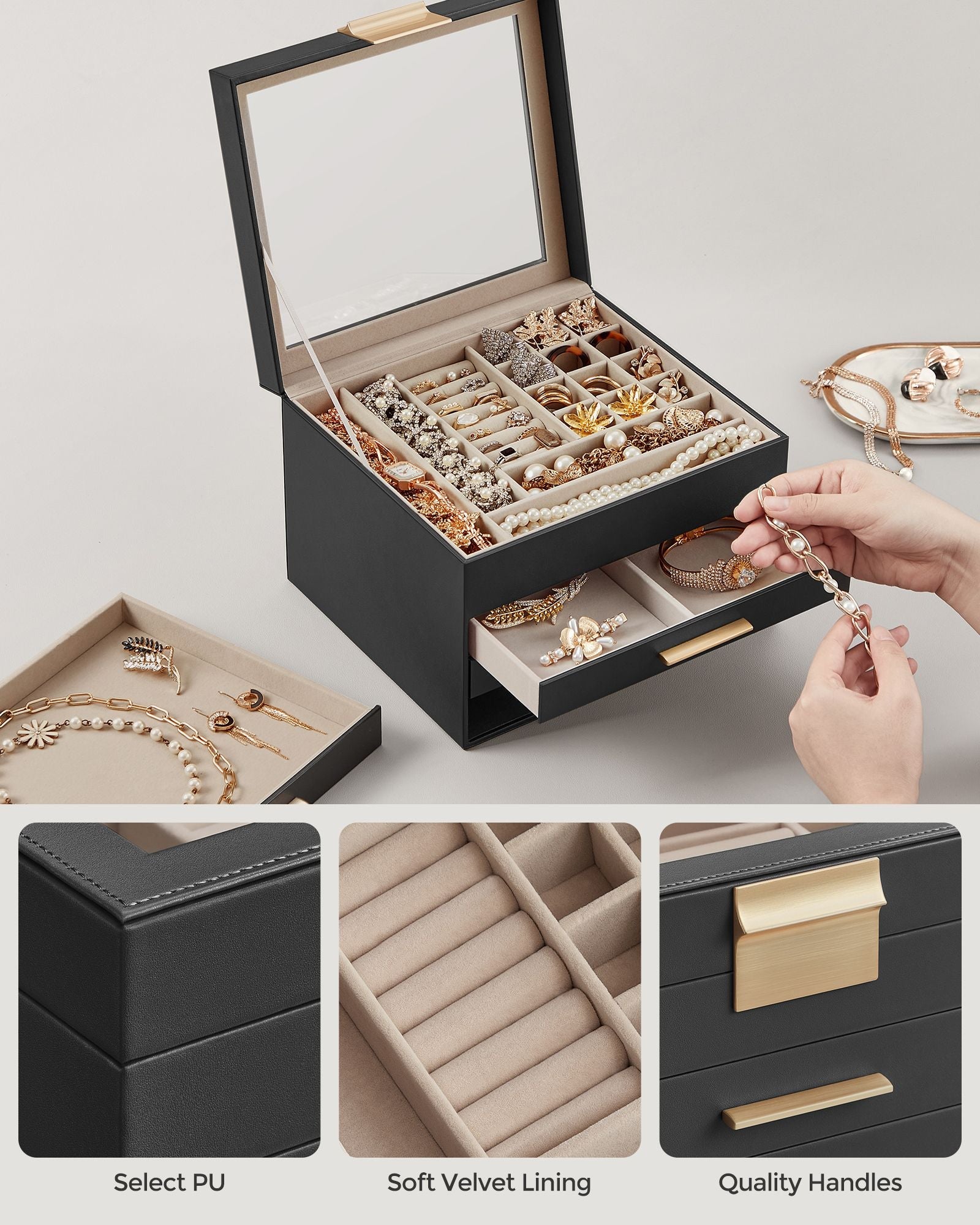 4-Layer Jewelry Box with Glass Lid, 3 Drawers