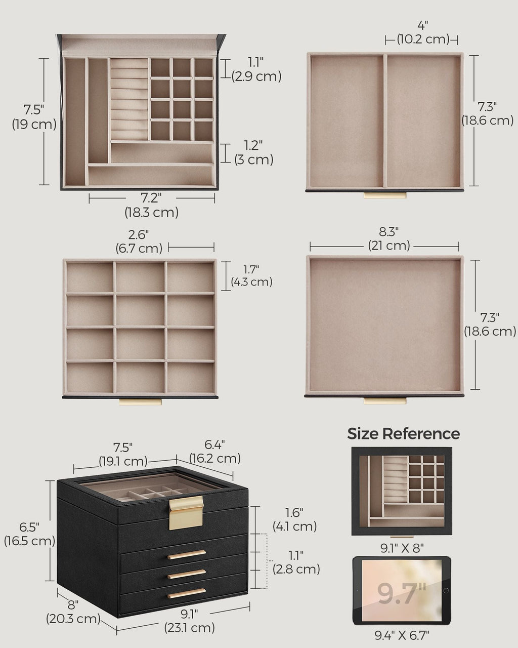 4-Layer Jewelry Box with Glass Lid, 3 Drawers