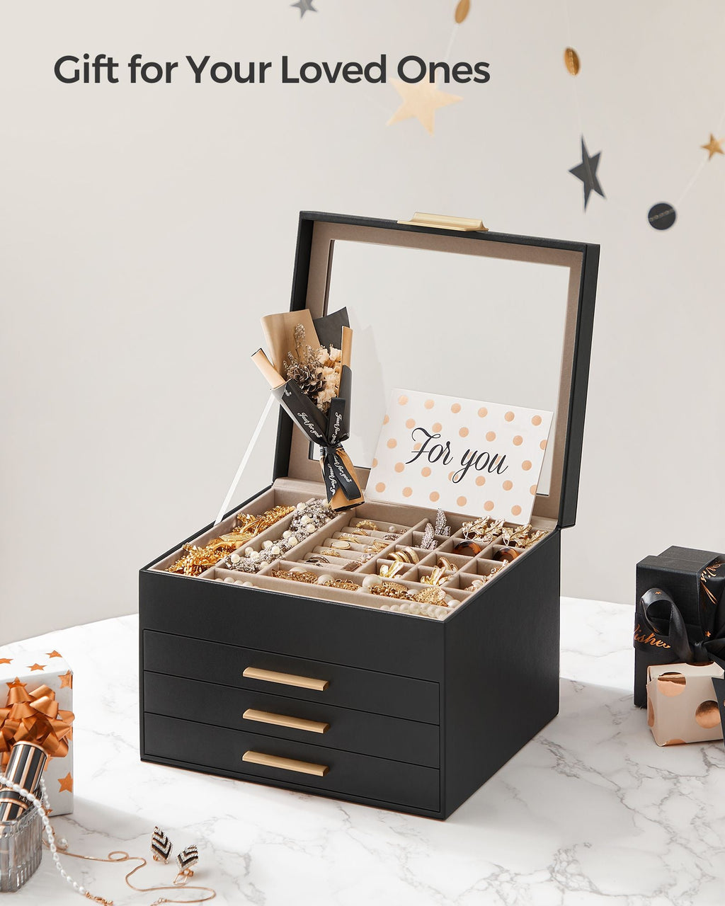 4-Layer Jewelry Box with Glass Lid, 3 Drawers