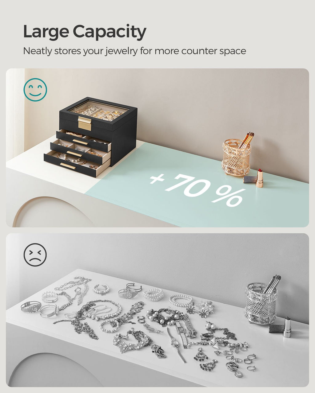 4-Layer Jewelry Box with Glass Lid, 3 Drawers