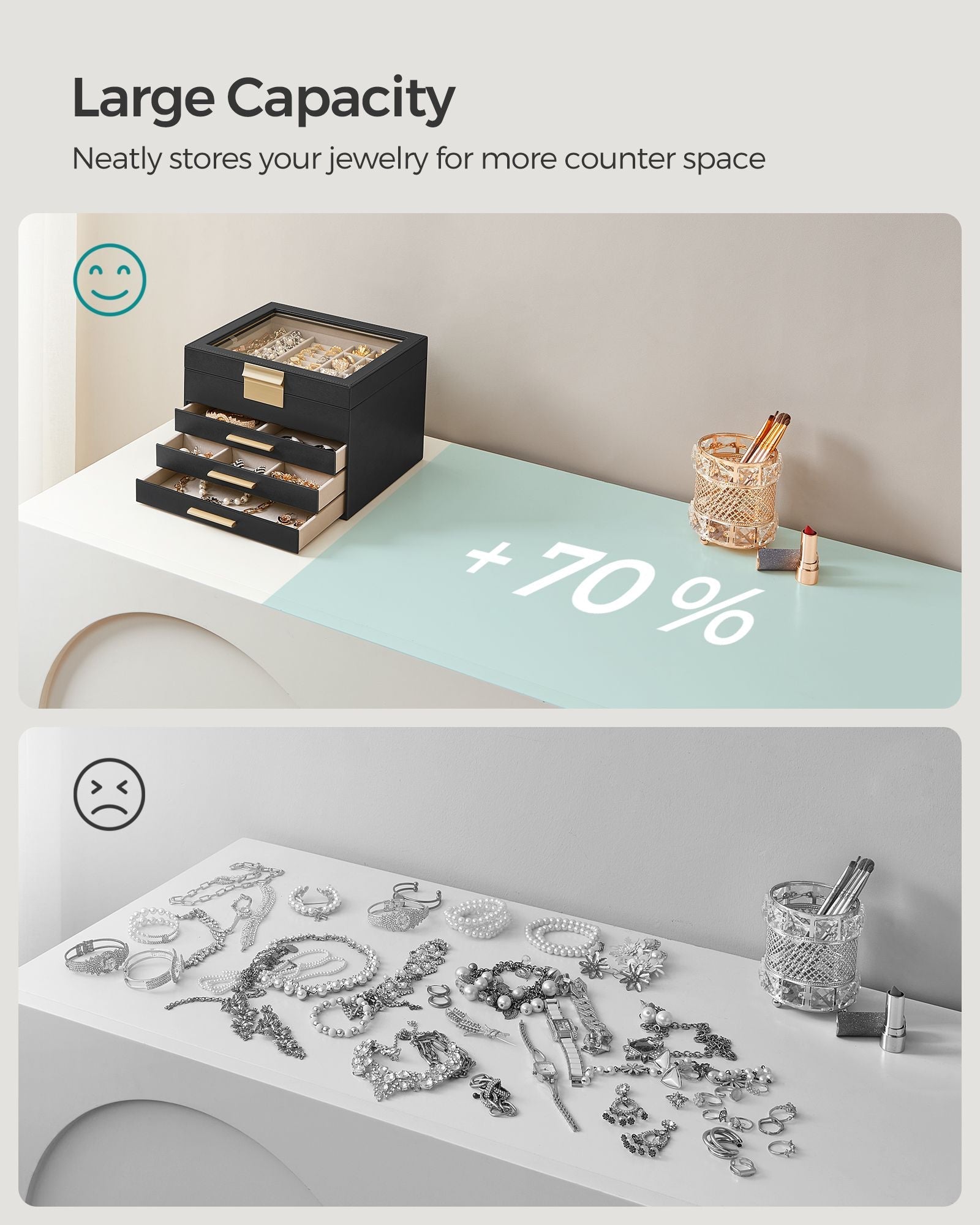 4-Layer Jewelry Box with Glass Lid, 3 Drawers