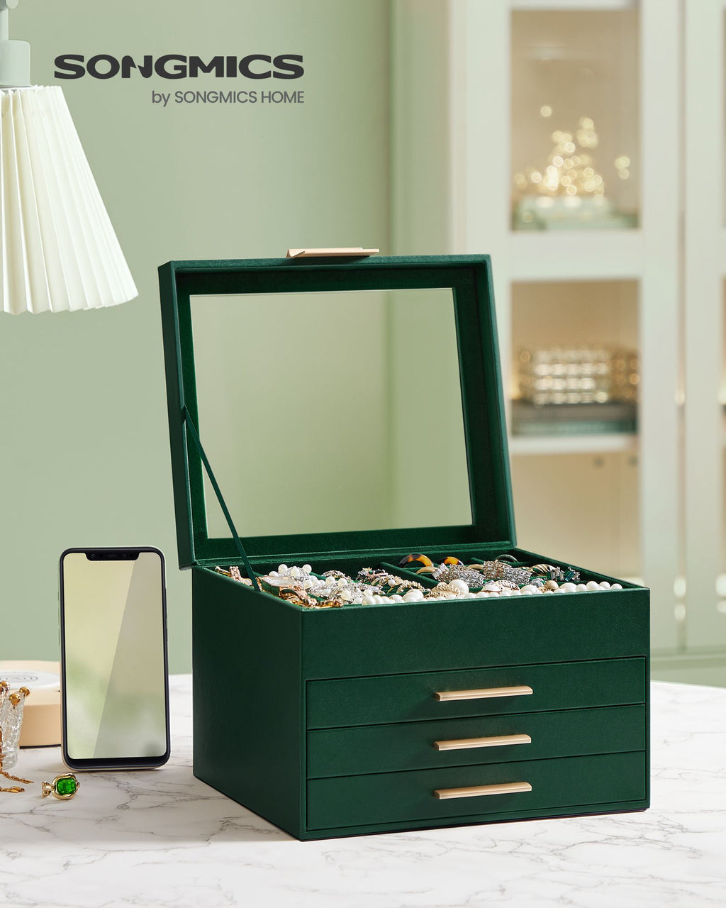 4-Layer Jewelry Box with Glass Lid, 3 Drawers